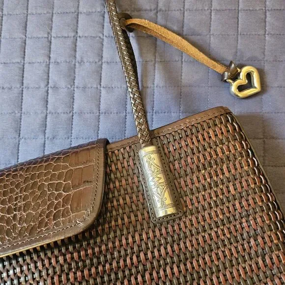 Brighton Vintage Woven Leather Tote | Brown Croc Embossed Flap | Silver Hardware - Picture 11 of 12